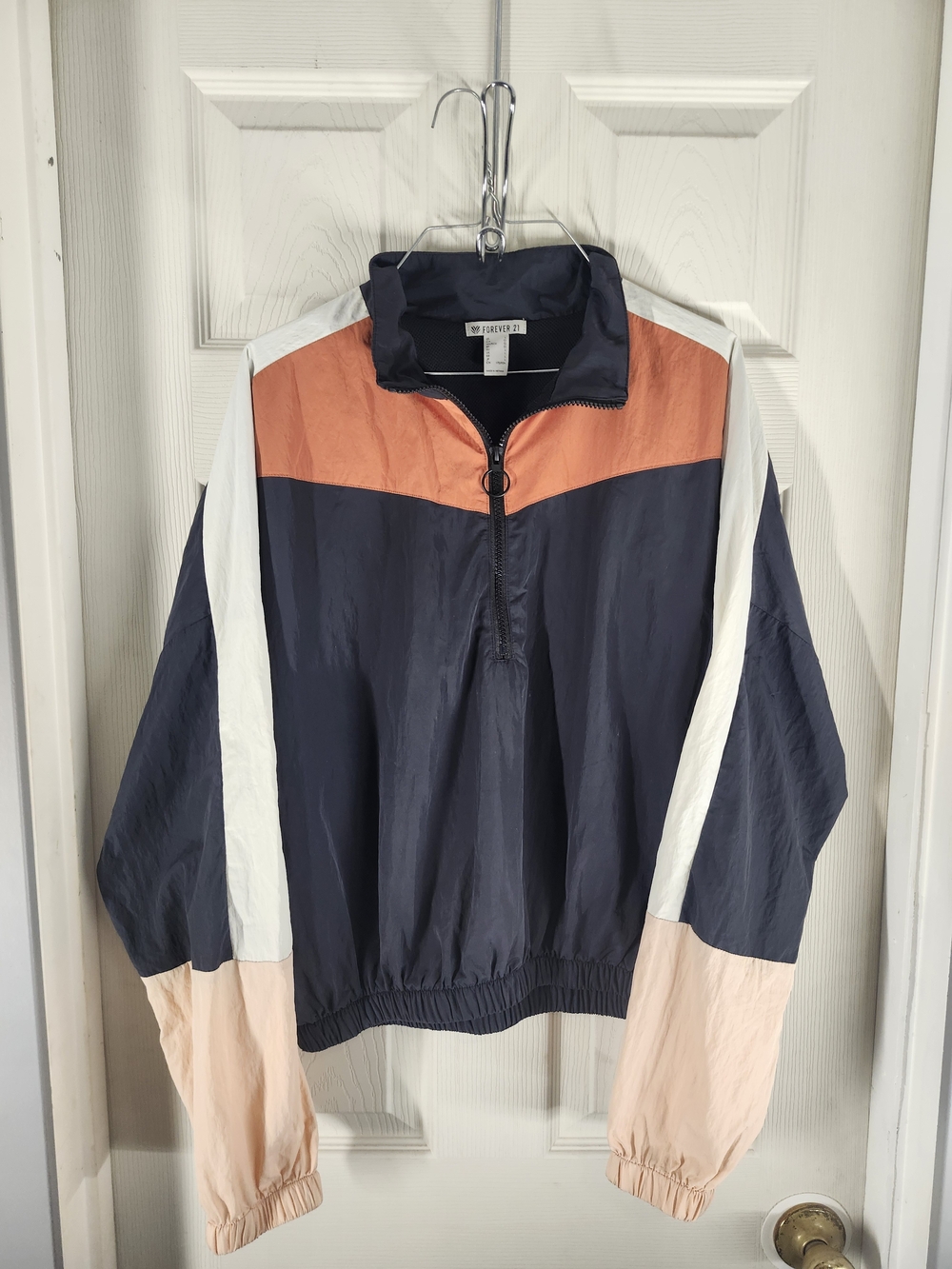 Forever 21 Navy, Pink, Orange & White Colorblock Pullover Windbreaker 1/2 Zip